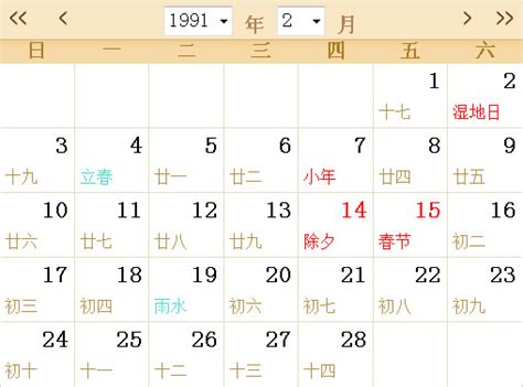 1991年2月22日|1991年日历表,1991年农历表（阴历阳历节日对照表）